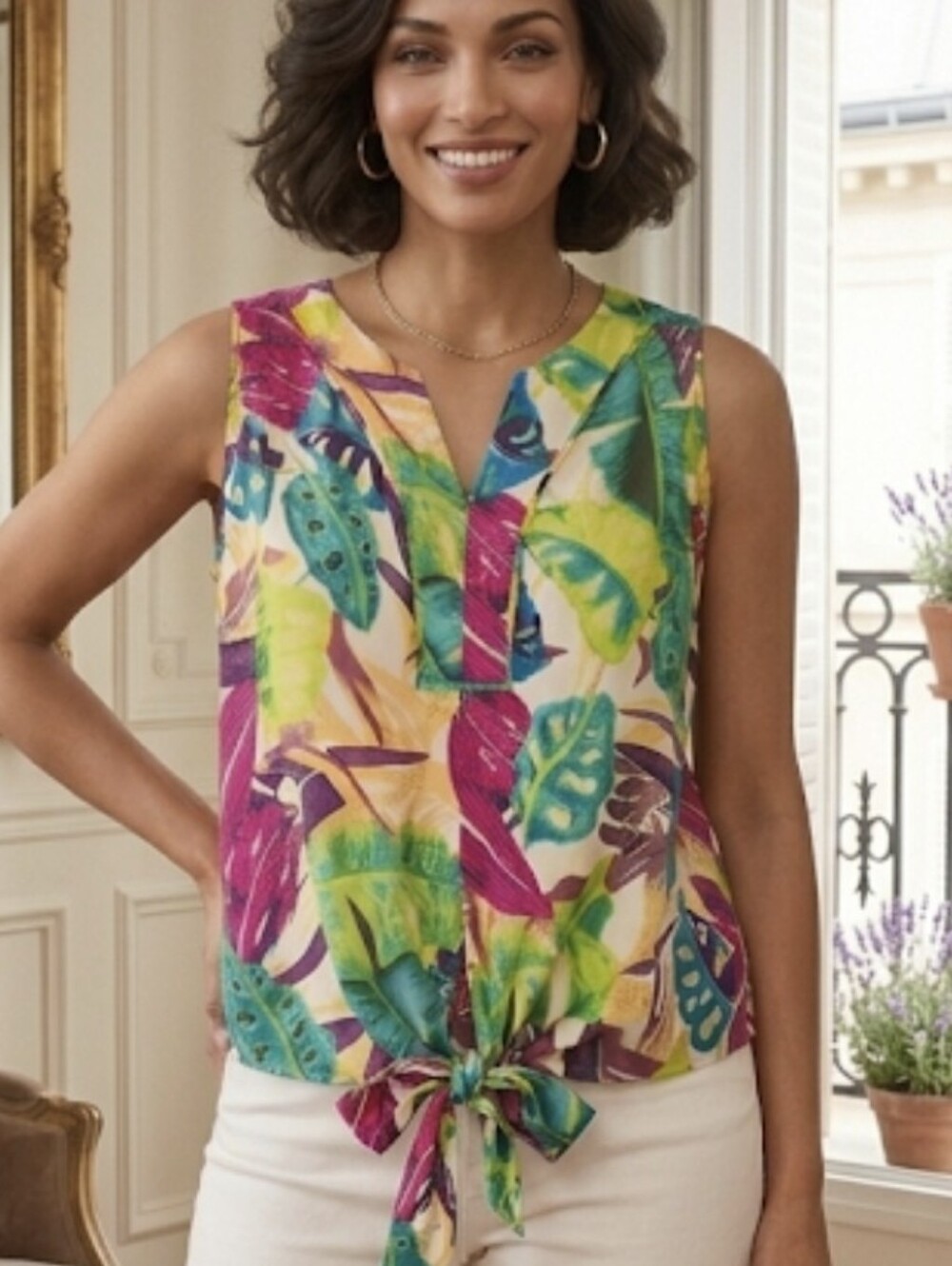 Chico's Tropical Floral Sleeveless Tie-Front Blouse Top Size 3 (USXL,16) SKU0117